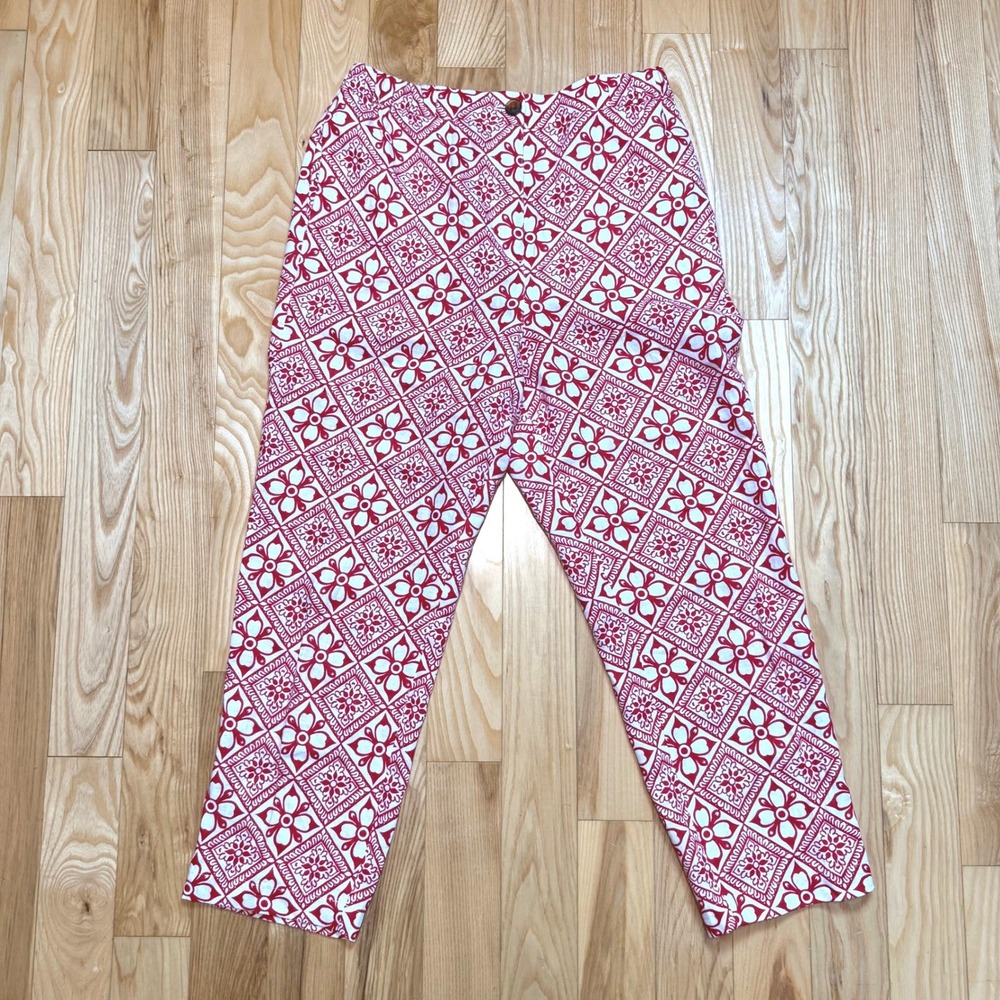 Boden All Over Geometric Print Tomato Red Linen Pants Women's Size 8 Preppy Twee
